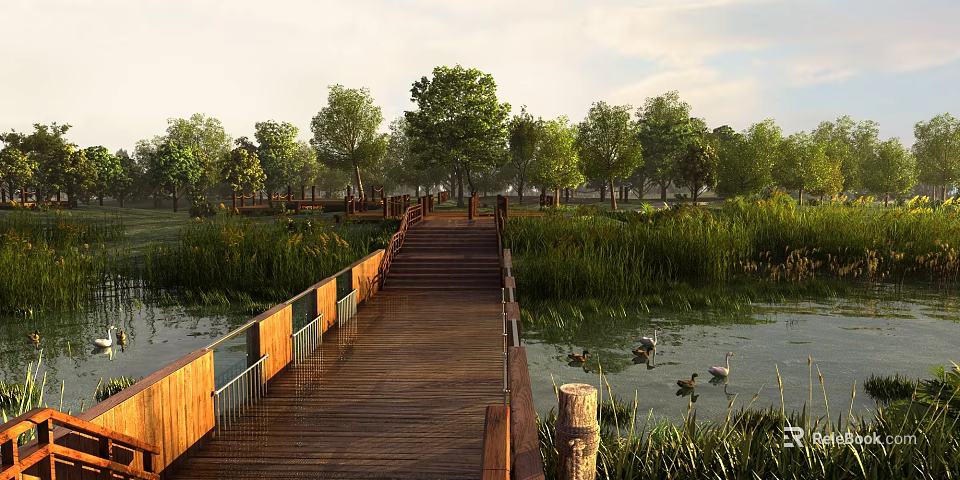 Garden Landscape With Wooden Boardwalk Lush Trees Waterfront Reeds And Ducks 3d model 