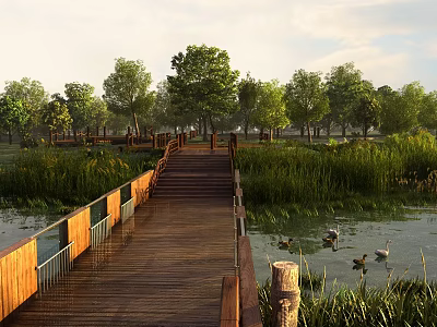 Garden Landscape With Wooden Boardwalk Lush Trees Waterfront Reeds And Ducks 3d model