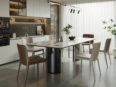 Elegant Modern Restaurant Interior With Marble Dining Table Chairs Cabinets And Green Plants 3d model