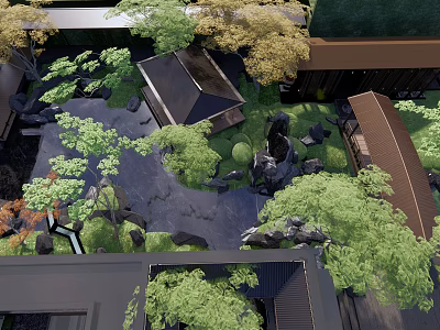 Rockery Stones In Traditional Garden With Lush Green Plants And Pond 3d model