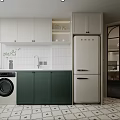 Modern Kitchen Interior With White And Green Cabinets Washing Machine Refrigerator And Tiled Floor