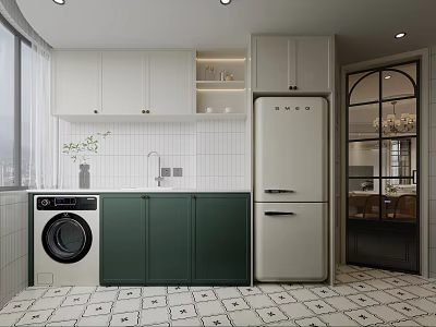 Modern Kitchen Interior With White And Green Cabinets Washing Machine Refrigerator And Tiled Floor 3d model