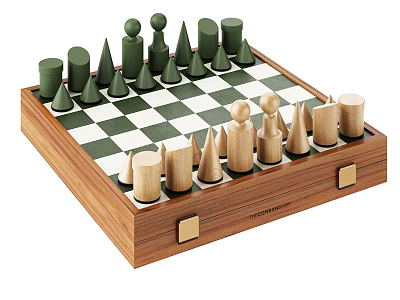 Modern Wooden Chess Set With Green And Wooden Pieces On Checkered Board 3d model