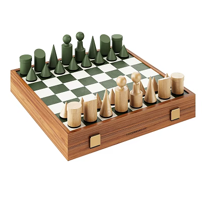 Modern Wooden Chess Set With Green And Wooden Pieces On Checkered Board 3d model
