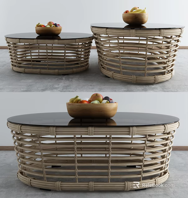 Rattan Coffee Table with Black Glass Top and Wooden Bowl with Fruits 3d model 
