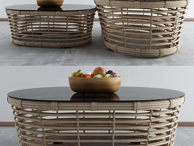 Rattan Coffee Table with Black Glass Top and Wooden Bowl with Fruits 3d model
