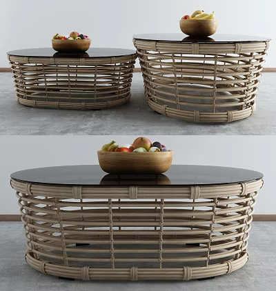 Rattan Coffee Table with Black Glass Top and Wooden Bowl with Fruits 3d model