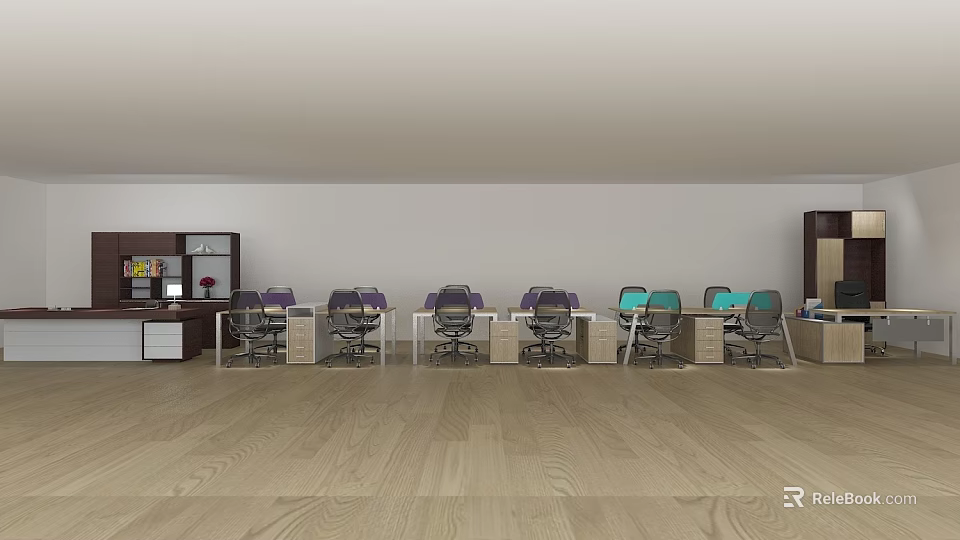 Modern Spacious Open Plan Office Desks With Ergonomic Chairs And Under Desk Storage Cabinets 3d model 