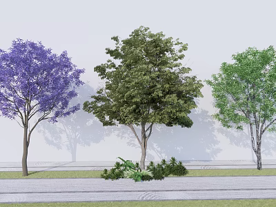 Three Arbor Trees With Purple Flowers Green Leaves And Ground Foliage 3d model