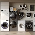 Various Modern Washing Machines in a Well Organized Laundry Room with Storage Cabinets