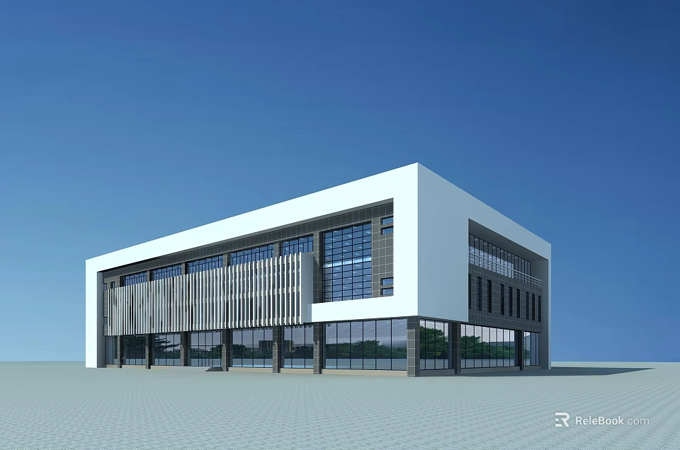 Modern White Office Building With Large Glass Windows And Metal Cladding 3d model