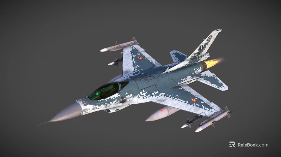 Camouflaged Military Fighter Jet With Green Cockpit Mounted Missiles And Flaming Tail 3d model 
