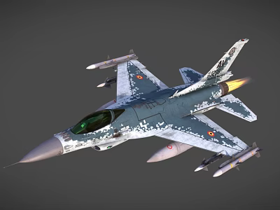 Camouflaged Military Fighter Jet With Green Cockpit Mounted Missiles And Flaming Tail 3d model