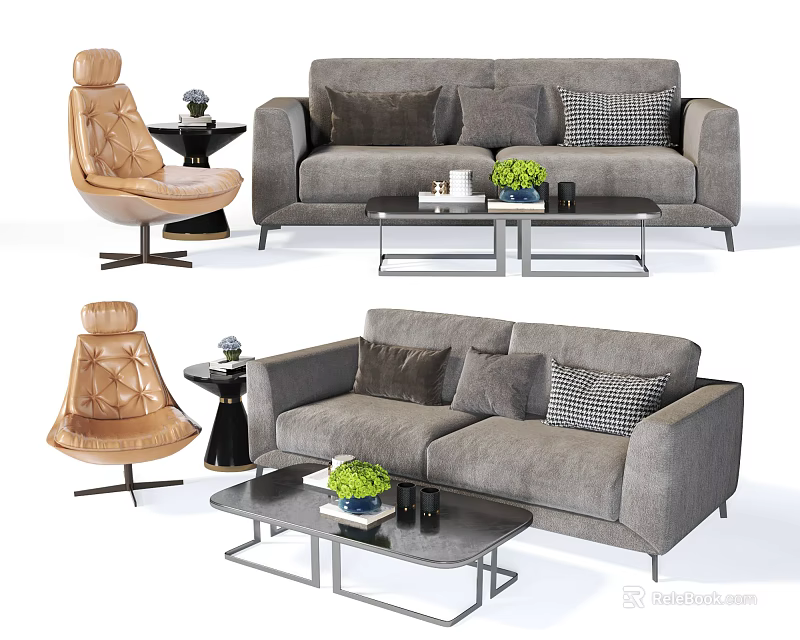 Modern Sofa and Coffee Table Set With Accent Chair Side Table and Decorative Plants 3d model
