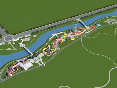 Park Landscape With River Lush Green Areas Walking Paths And Colorful Playground Facilities 3d model