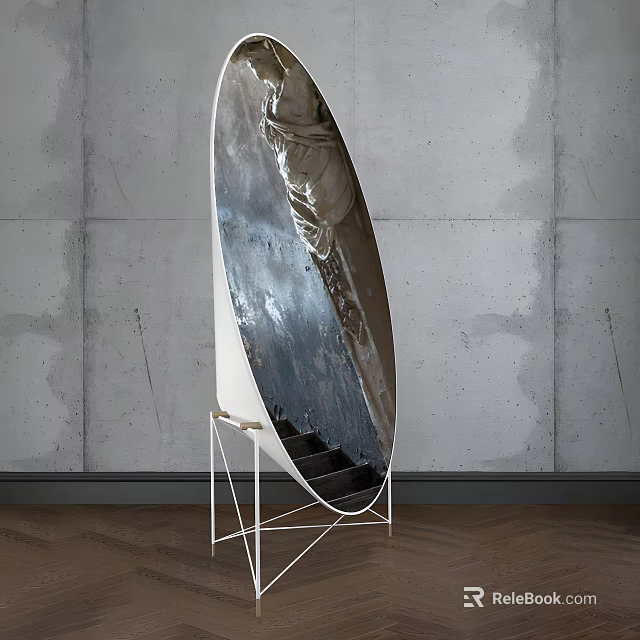 Silver Oval Reflective Metal Sculpture With White Metal Stand And Concrete Wall Wooden Floor 3d model 