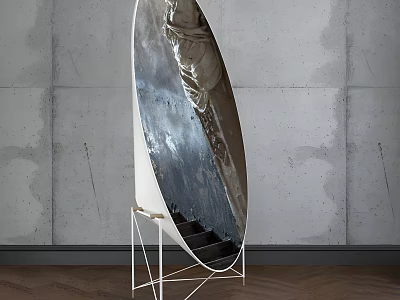 Silver Oval Reflective Metal Sculpture With White Metal Stand And Concrete Wall Wooden Floor 3d model