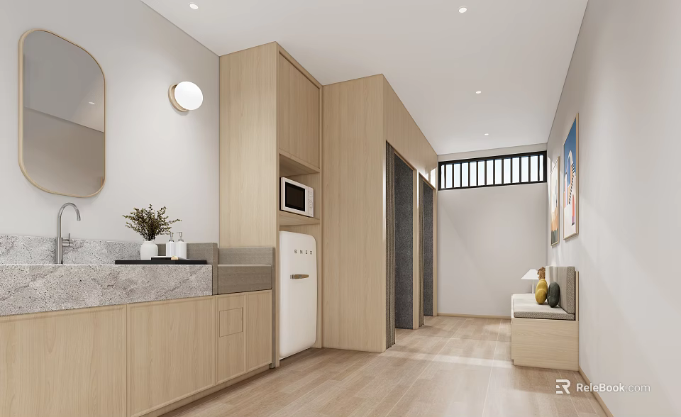 Modern Minimalist Interior With Sink Cabinets Microwave And Bench 3d model 