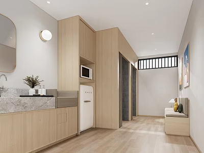 Modern Minimalist Interior With Sink Cabinets Microwave And Bench 3d model