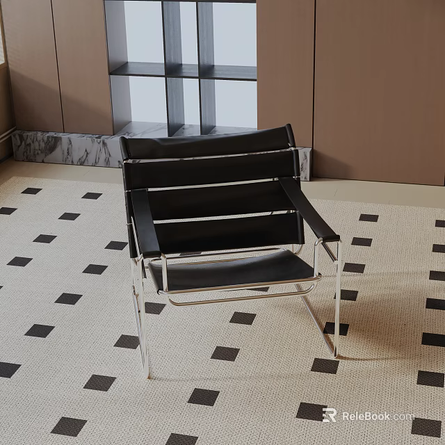 Black Leather Leisure Chair With Chrome Metal Frame On Patterned Carpet In Modern Interior 3d model 