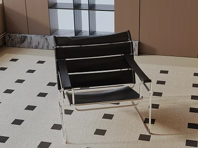 Black Leather Leisure Chair With Chrome Metal Frame On Patterned Carpet In Modern Interior 3d model