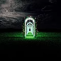 Light Blue Arched Pergola Adorned with Pink Flowers Over Green Grass Field Under Blue Sky