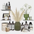 Stylish Bathroom Accessories With Glass Bottles Candles And Dried Plants On Shelves