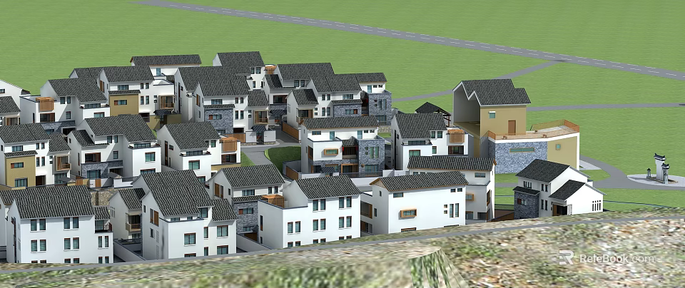 Traditional Chinese Village Buildings Featuring Classic Swing Doors And White Walls 3d model 