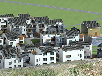 Traditional Chinese Village Buildings Featuring Classic Swing Doors And White Walls 3d model