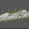 Park Landscape With Open Platform Green Lawn Trees And Circular White Structures 3d model