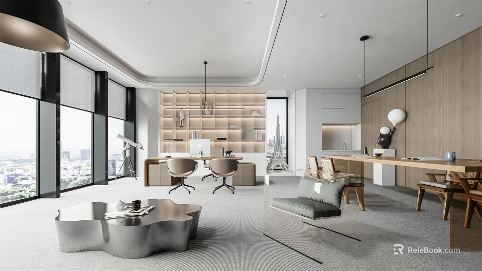 Modern Spacious Office Interior Design With Large Windows Open Shelves And Lounge Sofa 3d model