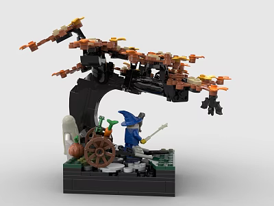 Building Blocks Model Featuring Wizard With Staff Pumpkin Cart And Orange Leaf Tree 3d model