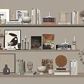 Stylish Decorative Ornament Set With Framed Art Books Vases And Sculptures On Shelves