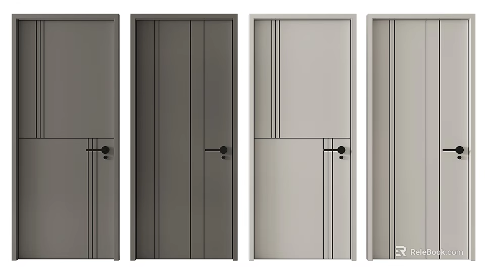 Various Modern Hinged Doors In Neutral Gray Tones With Vertical Panel Designs 3d model 