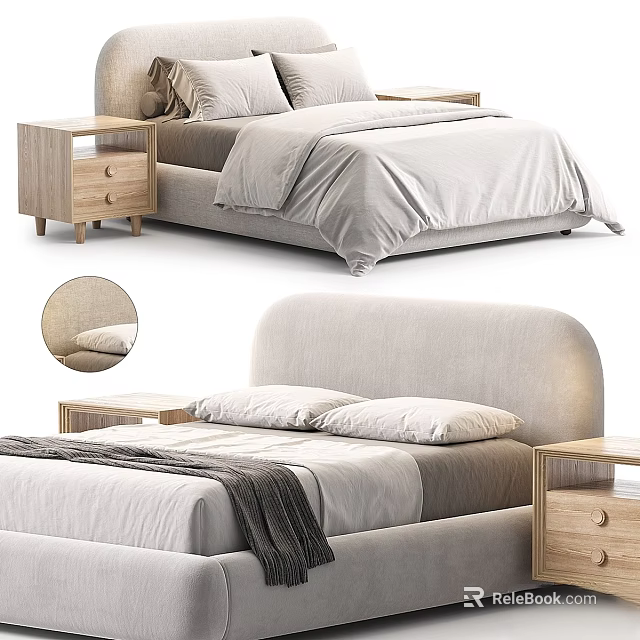 Modern Double Bed With Upholstered Headboard Wooden Nightstands Pillows And Blanket 3d model 