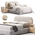Modern Double Bed With Upholstered Headboard Wooden Nightstands Pillows And Blanket