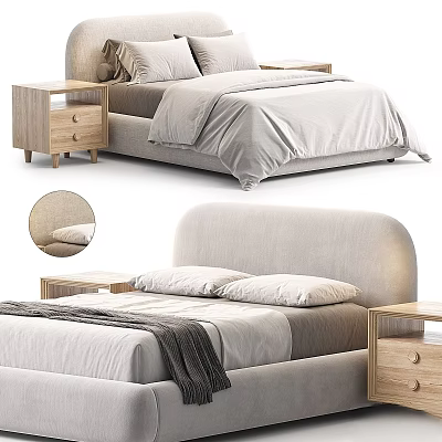 Modern Double Bed With Upholstered Headboard Wooden Nightstands Pillows And Blanket 3d model