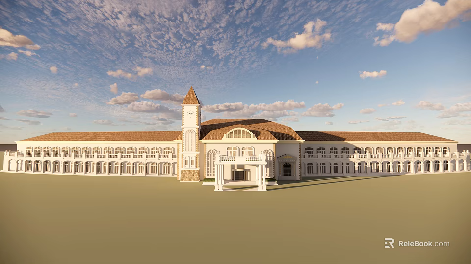 Classical Style Hotel Building With Clock Tower Arched Entrance And Symmetrical Design 3d model 