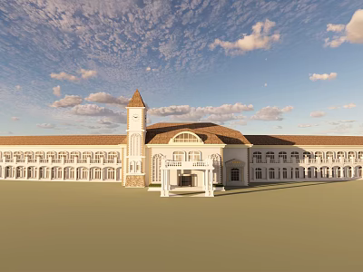 Classical Style Hotel Building With Clock Tower Arched Entrance And Symmetrical Design 3d model