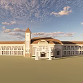 Classical Style Hotel Building With Clock Tower Arched Entrance And Symmetrical Design