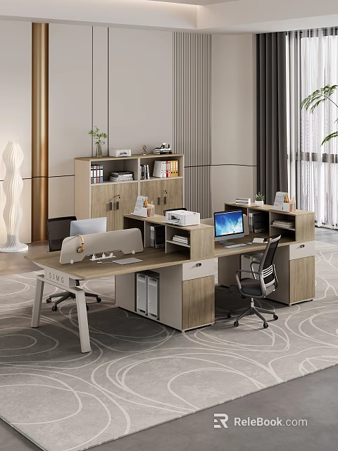 Modern Office Desk Interior With Computer Printer Ergonomic Chair Filing Cabinet And Bookshelf 3d model 