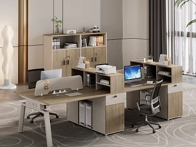 Modern Office Desk Interior With Computer Printer Ergonomic Chair Filing Cabinet And Bookshelf 3d model