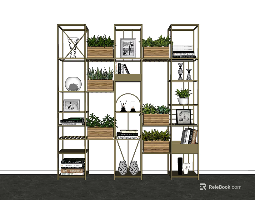 Modern Multi Tiered Bookshelf Design With Metal Frame Potted Plants Books And Decorative Items 3d model 