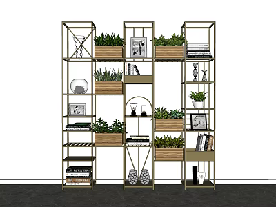 Modern Multi Tiered Bookshelf Design With Metal Frame Potted Plants Books And Decorative Items 3d model