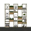 Modern Multi Tiered Bookshelf Design With Metal Frame Potted Plants Books And Decorative Items