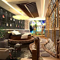 Traditional Chinese Style Hotel Room With Indoor Pond Wooden Decor And Artwork Walls