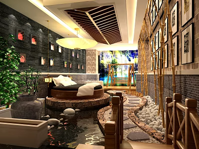 Traditional Chinese Style Hotel Room With Indoor Pond Wooden Decor And Artwork Walls 3d model