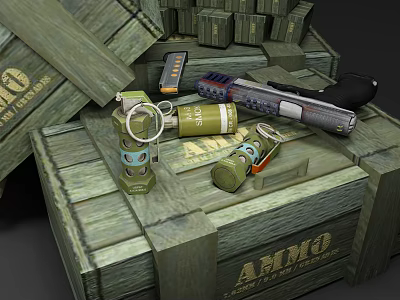 Military Weapons Collection Featuring Grenades Pistol And Ammo Crates On Wooden Crates 3d model