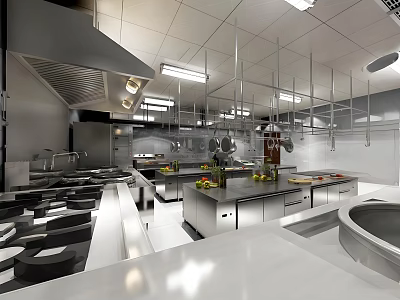 Modern Commercial Kitchen Featuring Stainless Steel Kitchenware Stoves Worktables And Hanging Utensils 3d model