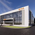 Modern Industrial Factory Building With Large Glass Curtain Walls Lawn And White Flowers